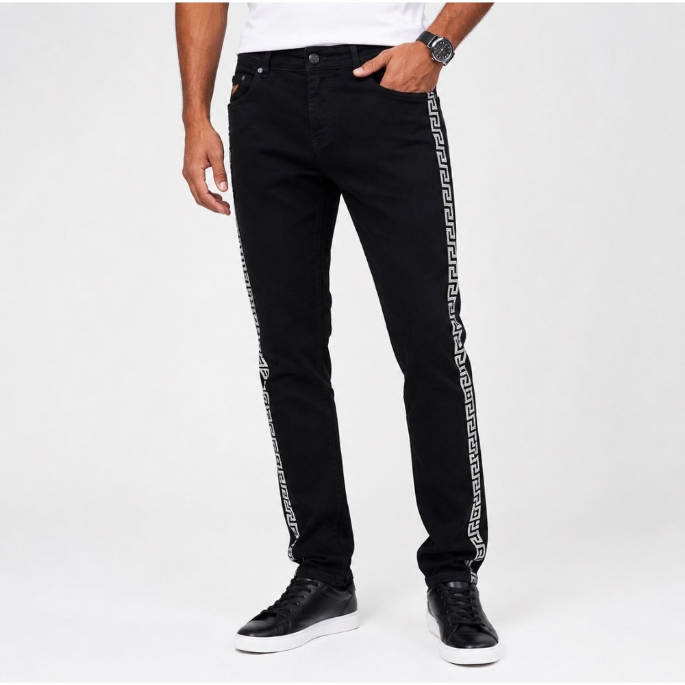 Barabas Mens Jeans Greek Key Rhinestone 38x32 Black Slim Stretch Trap Streetwear